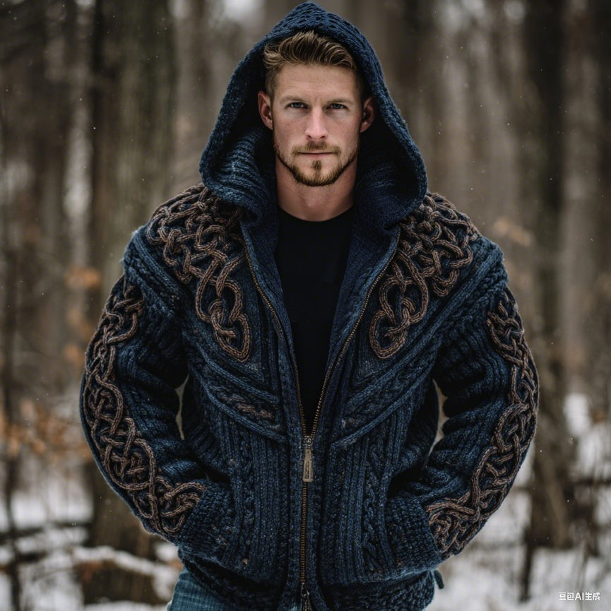 Men's Vintage Viking Celtic Knot Art Chunky Knit Hooded Zip-up Sweater artswardrobe