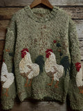 Vintage Roosters  Embroidered Crew Neck Cozy Knit Sweater elevenforest