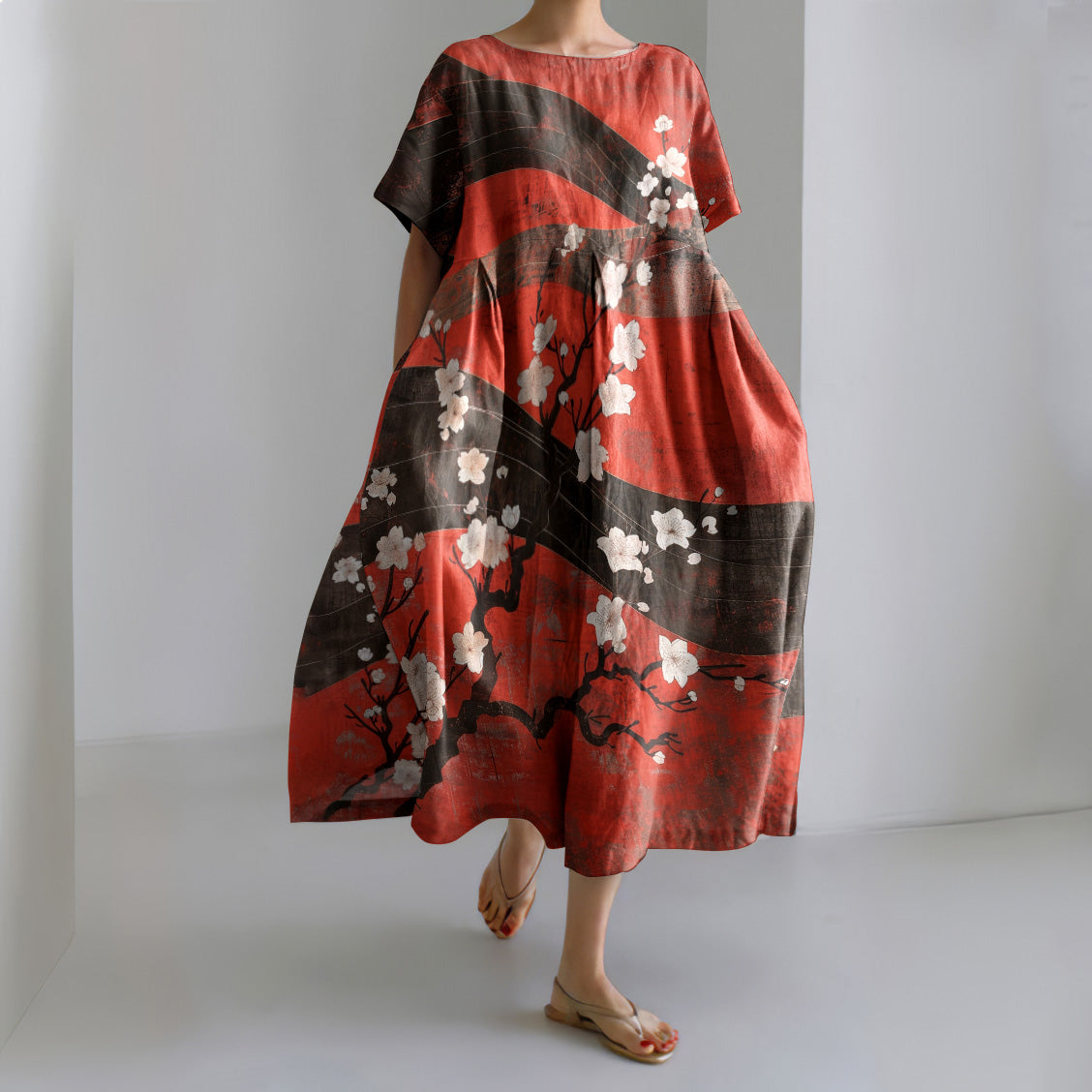 Casual Loose Japanese Art Cherry Blossom Print Linen Blend Dress elevenforest