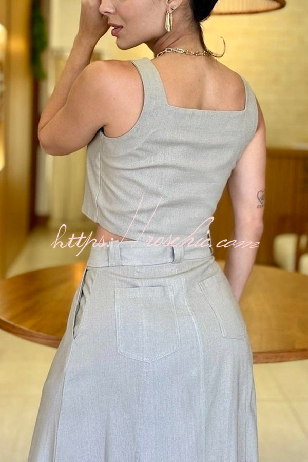Athena Linen Blend Square Neck Tank and High Rise Pocketed Slit Skirt Set