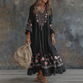 Women's Retro Floral Art Flowy Linen Blend Casual Long Sleeve Maxi Dress elevenforest