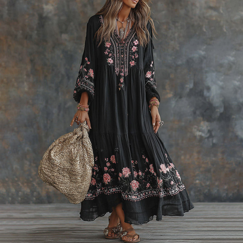 Women's Retro Floral Art Flowy Linen Blend Casual Long Sleeve Maxi Dress elevenforest