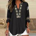 Vintage Ethnic Floral Linen V-neck Long Sleeve Shirt elevenforest