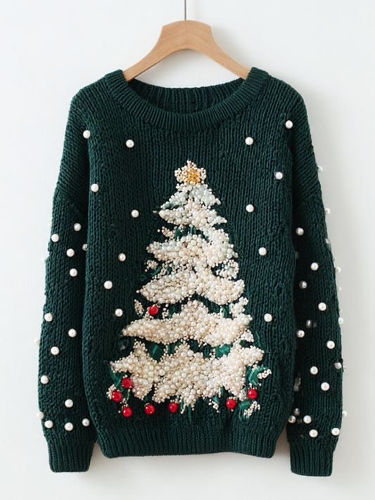 Comstylish Christmas Tree Elements Women's Round Neck Knit Sweater