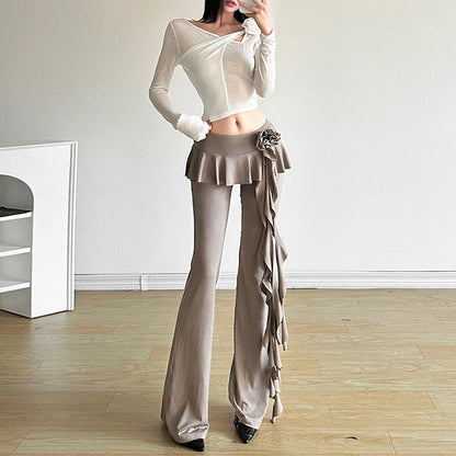 Taruxy Flower Ribbons Straight Pants for Color High Strecth Folds Patchwork Female Summer Trousers
