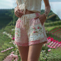 Women's Patchwork Beaded Floral Waist Drawstring Pocket Shorts elevenforest