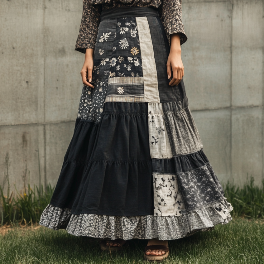 Women's Flowers Patchwork Art Linen Blend Skirt elevenforest