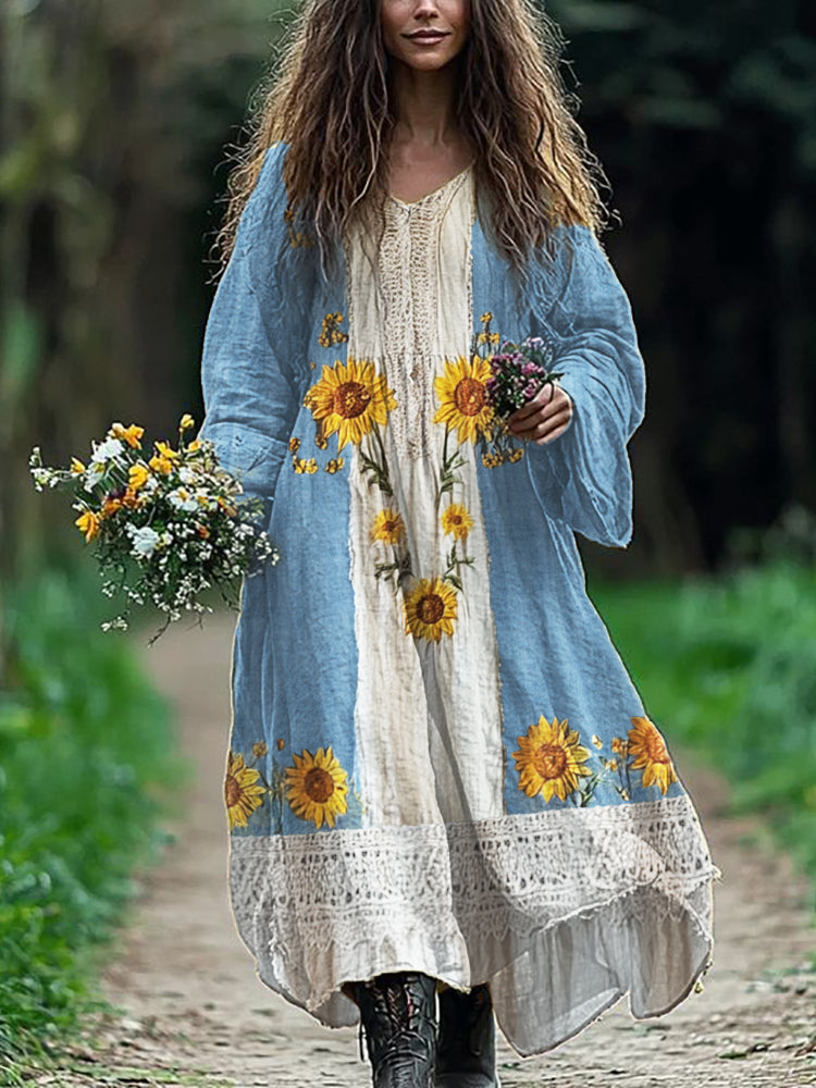 Boho Sunflowers Embroidered Lace Patchwork Flowy Linen Dress elevenforest