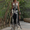 Women's Vintage Halloween Skeleton Bones With Rose Art Cozy Sleeveless Maxi Dress elevenforest