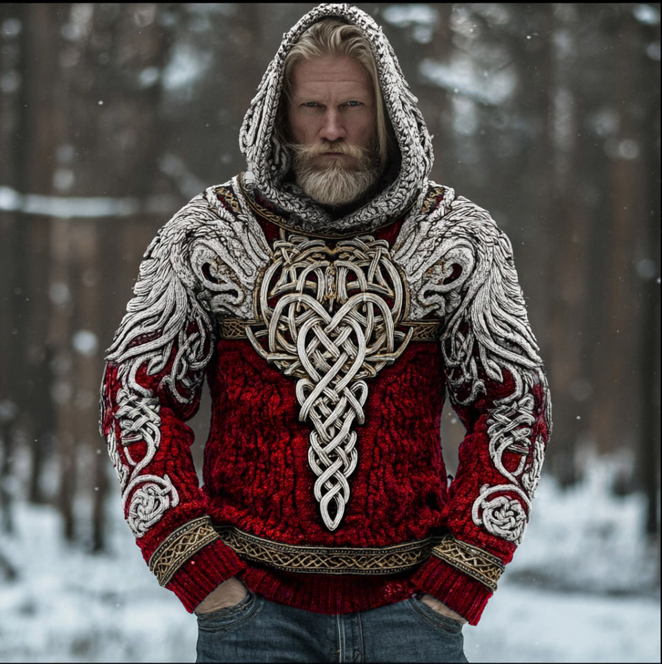 Men's Hooded Thick Sweater With Viking Style Tribal Totem And Wolf Totem Patterns elevenforest