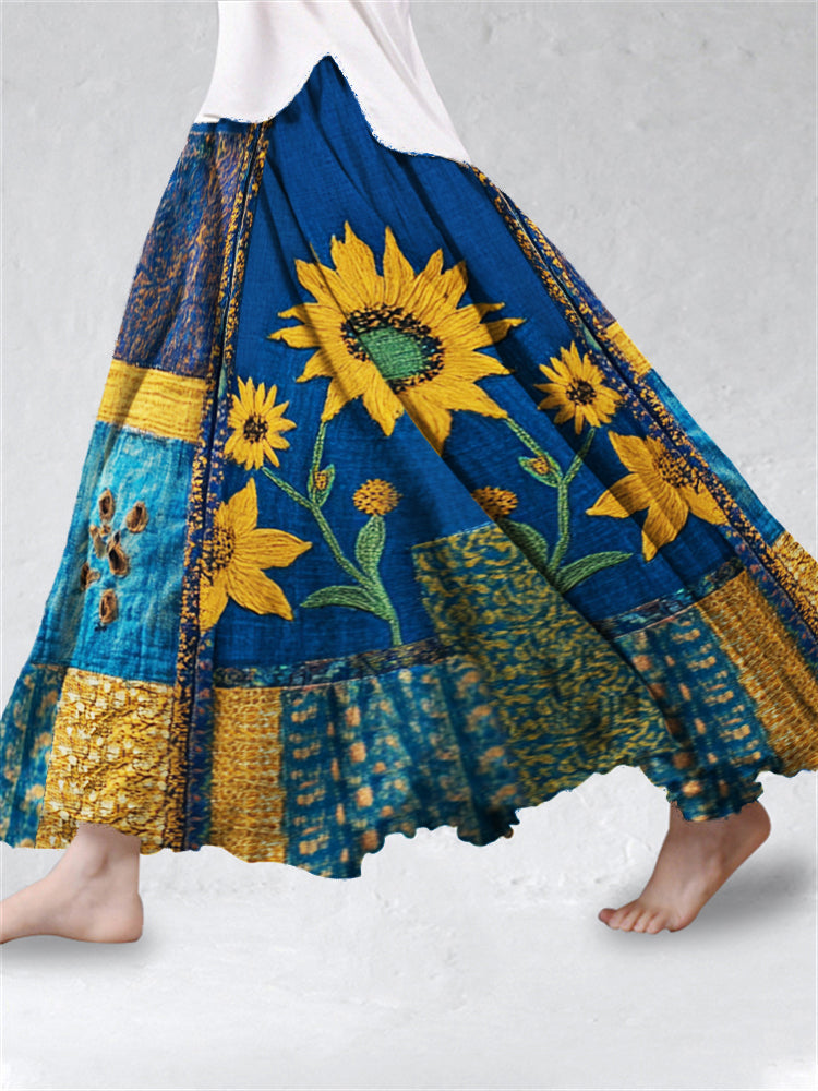 Ethnic Sunflowers Embroidered Patchwork Flowy Wide Skirt elevenforest