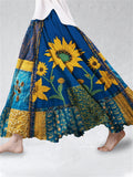 Ethnic Sunflowers Embroidered Patchwork Flowy Wide Skirt elevenforest