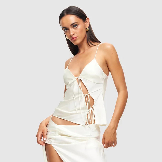 Cutenova Female Satin Tie Up Hollow Out Crop Top for Summer Spaghetti Strap Backless Slim Party Tank Tops Y2k Vest 20