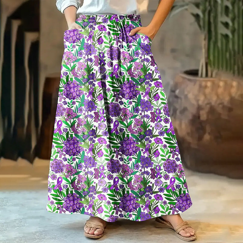 Women's Purple Flowers Embroidery Art Linen Blend Skirt elevenforest