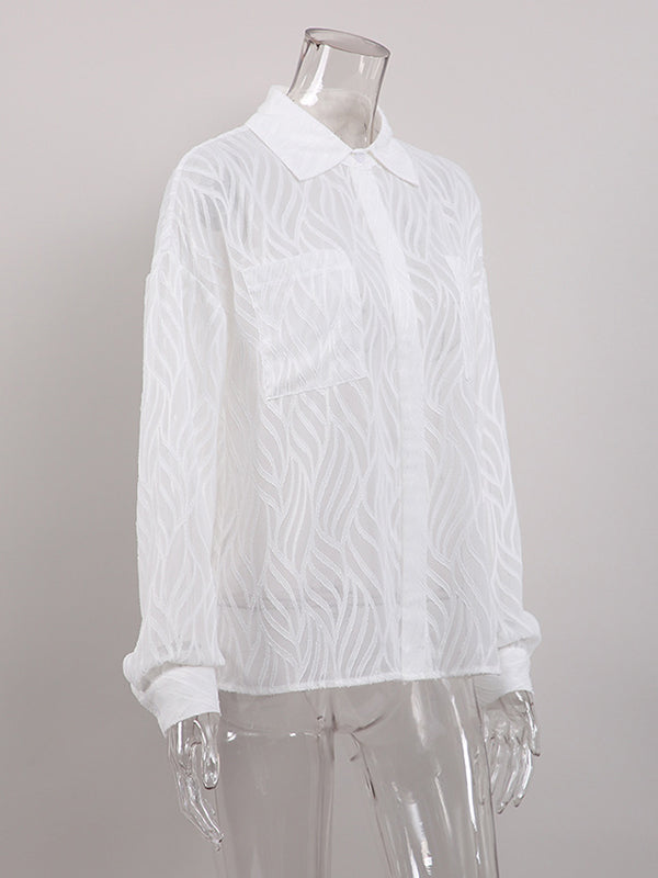 Long Sleeves Loose Buttoned Pockets See-through Color Split-joint Lapel Blouses&shirts Tops