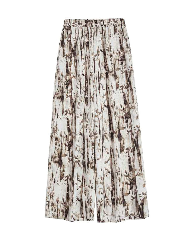 Half Sleeves High-low Buttoned Pleated Printed Split-side Lapel Blouses Top + Elasticity Pants Bottom Two Pieces Set