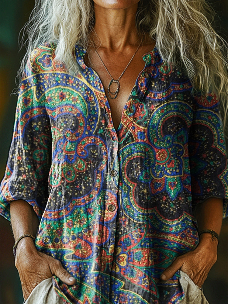 Women's Vintage Ethnic Floral Art Print Casual Cotton Linen Shirt
