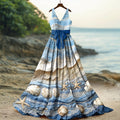 Women's Starfish & Sea Shells Sea Waves Art Linen Tank Midi Dress elevenforest