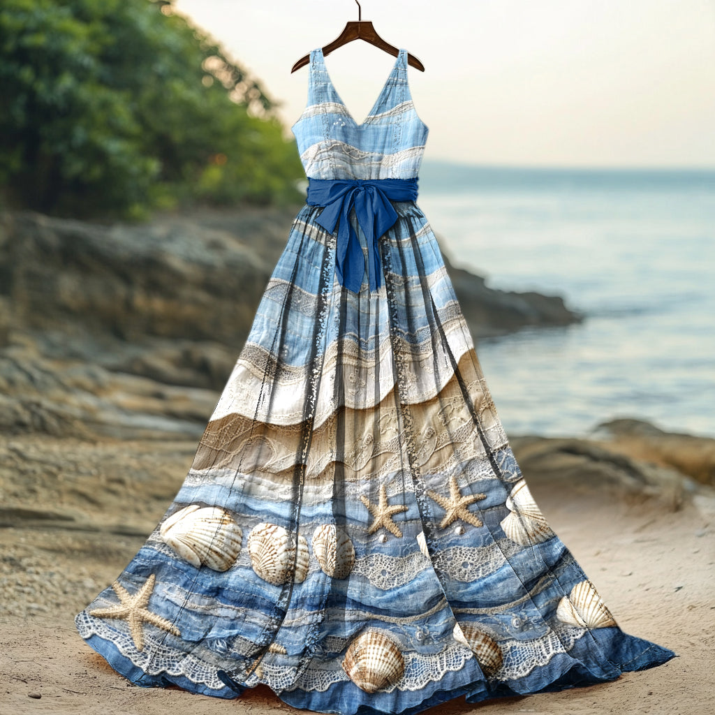 Women's Starfish & Sea Shells Sea Waves Art Linen Tank Midi Dress elevenforest