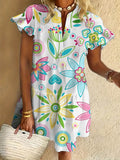 Cute Multicolor Flower Print Ruffled Short-sleeved V-neck Buttoned Dress Vacation Beach Dress