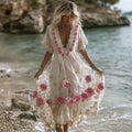 Women's Vintage Pink Rose Embroidery Art Comfy Linen Maxi Dress elevenforest