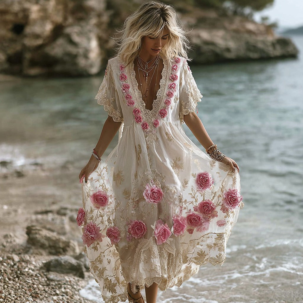 Women's Vintage Pink Rose Embroidery Art Comfy Linen Maxi Dress elevenforest