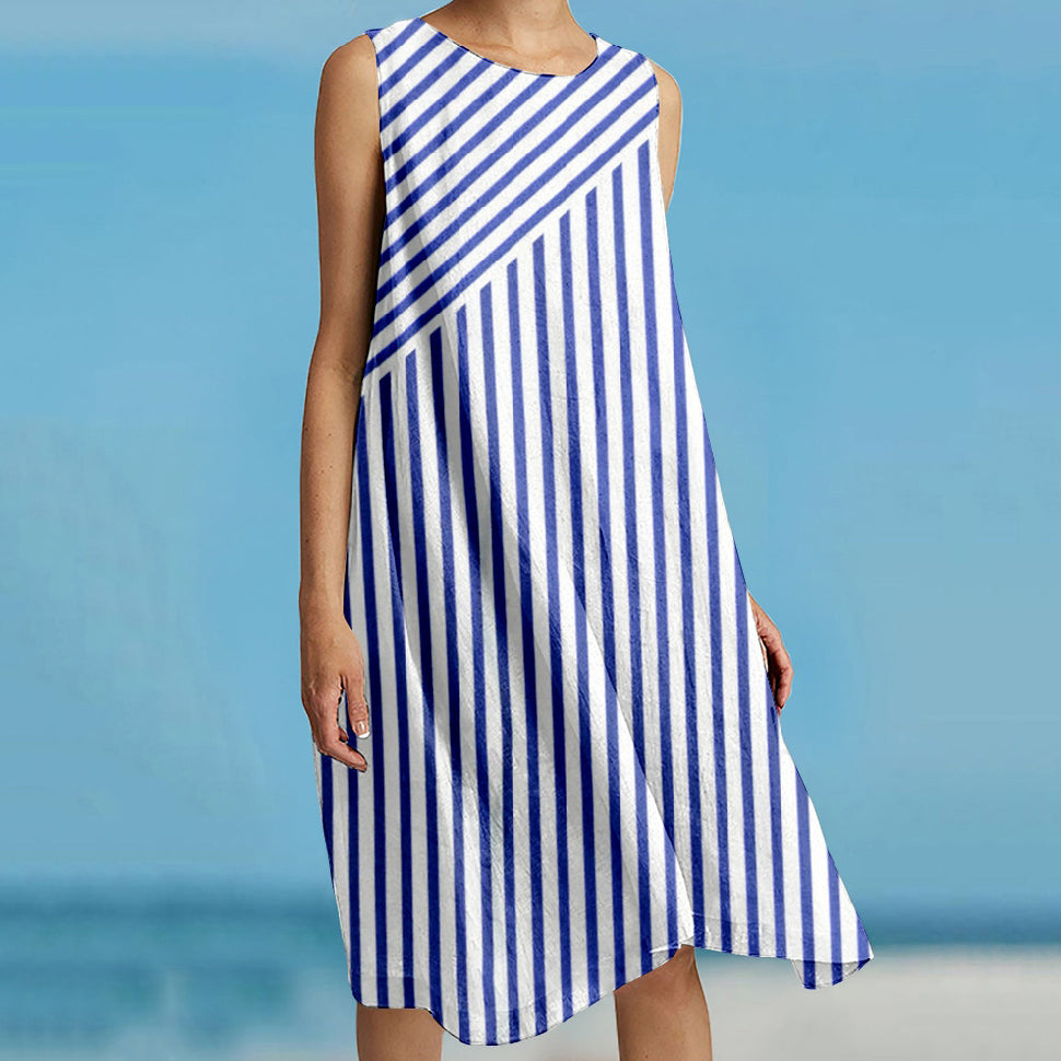 Stripe Round Neck Sleeveless Midi Dress elevenforest