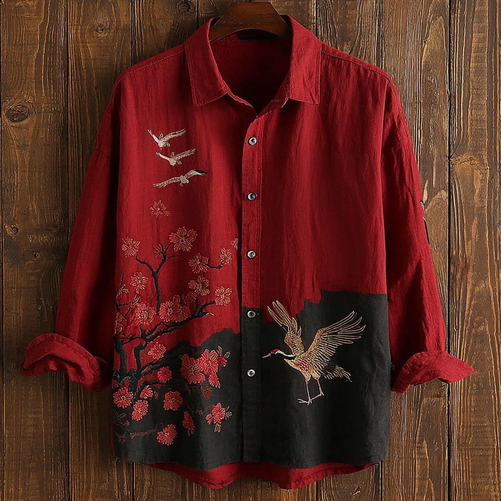 Japanese Cherry Blossom And Crane Art Print Casual Linen Shirt elevenforest