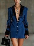 Dark Blue Faux Suede Mini Dress With Black Stitching