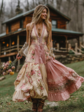 Women's Boho Floral Art Patchwork V Neck Comfy Maxi Dress elevenforest