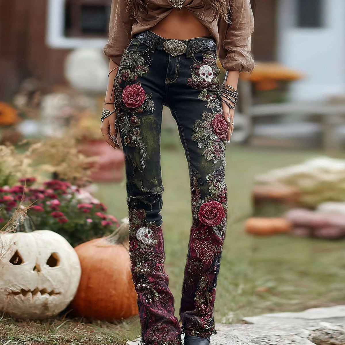 Rose Skull Embroidered Halloween Gothic Rock Jeans elevenforest