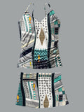 V-Neck Retro Ethnic Stripe Art Print Suspender Skirt Tankini Pantskirt Set Swimsuit