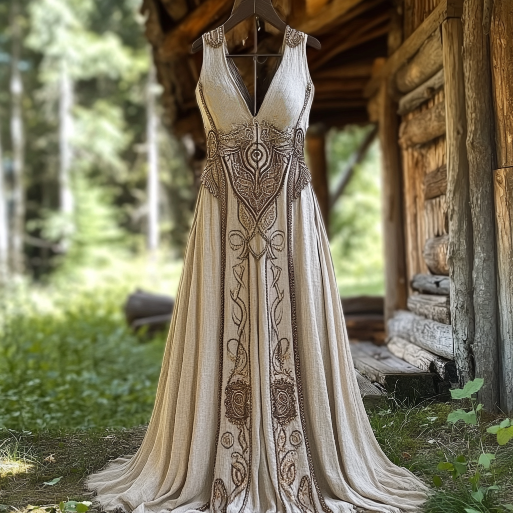Women's Vintage Viking Rune Cotton And Linen Sleeveless Large Skirt Dress elevenforest