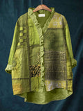 Green Floral Embroidery Art Linen Blend Ruffle Shirt elevenforest