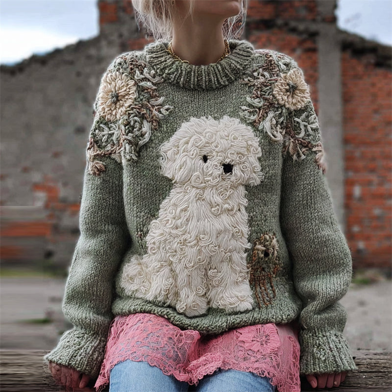 Comstylish Vintage Lovely Fuzzy Dog Floral Beaded Cozy Knit Sweater