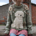 Comstylish Vintage Lovely Fuzzy Dog Floral Beaded Cozy Knit Sweater