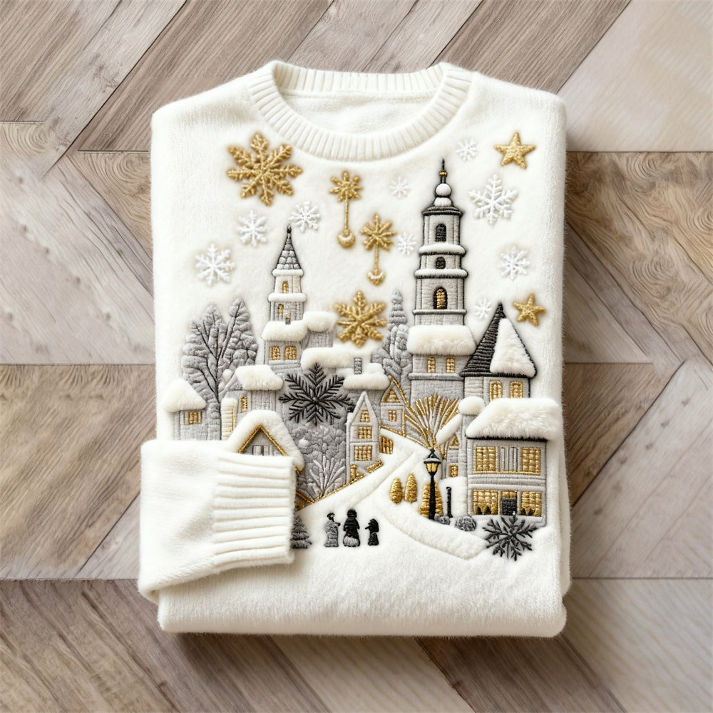 Comstylish Christmas Snow Scene Embroidered Women's Cozy Plush Sweater