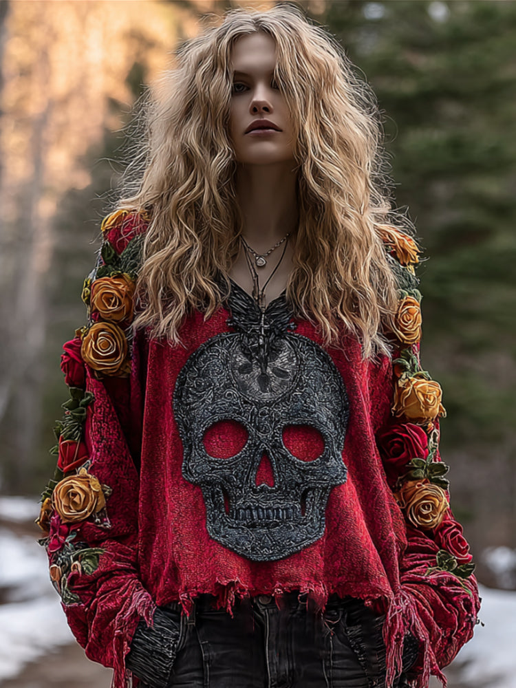 Women's Vintage Skull-print Distressed V-neck Top elevenforest