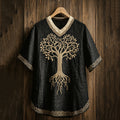 Men's Viking Tribal Tree Of Life With Celtic Knotwork Embroidered Linen T-shirt elevenforest