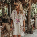 Women's Floral Embroidery Art V Neck Comfy Midi Dress elevenforest