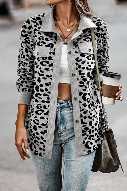 Sweet Leopard Pocket Turndown Collar Tops