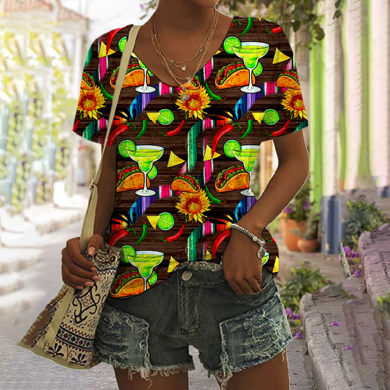 Comstylish Women's Vintage Cinco De Mayo Print V-neck T-shirt