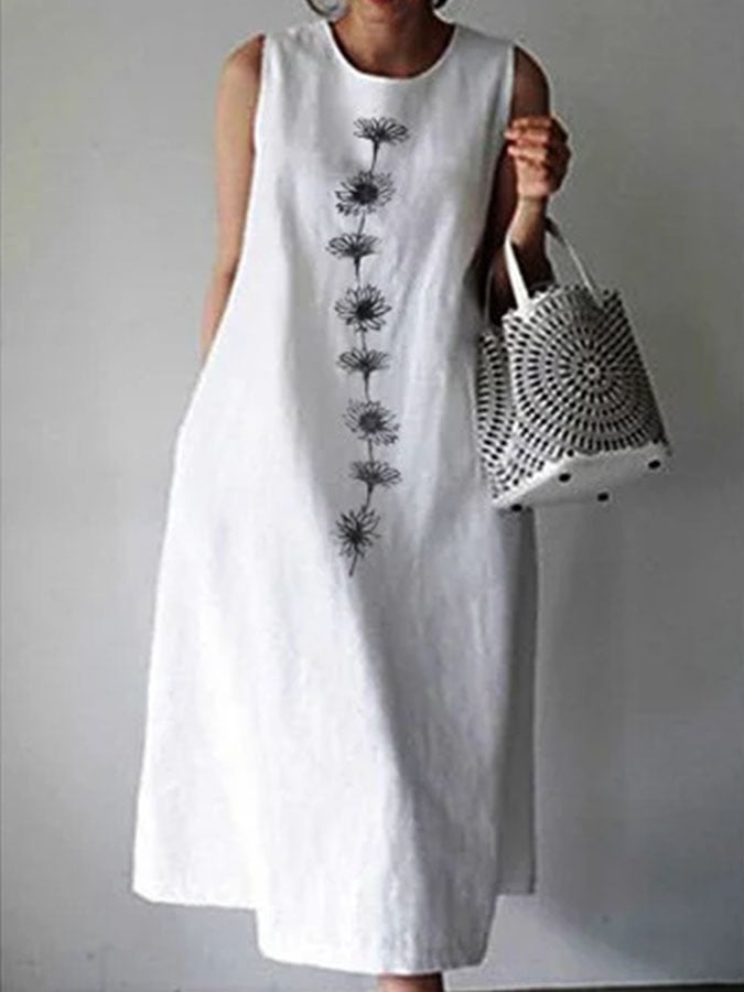 Ladies Cotton Linen Print Dress