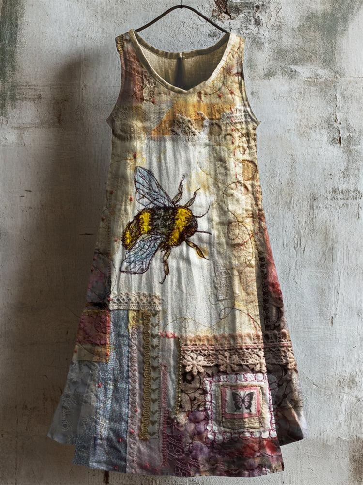 Cottage Bee Embroidered Floral Textile Linen Tank Dress elevenforest