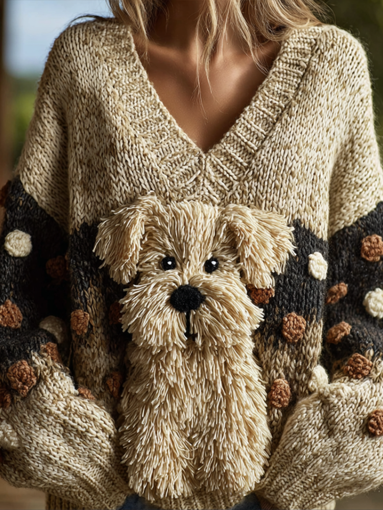 Comstylish Lady Retro Cute Dog Plush Comfortable Knitted Sweater.
