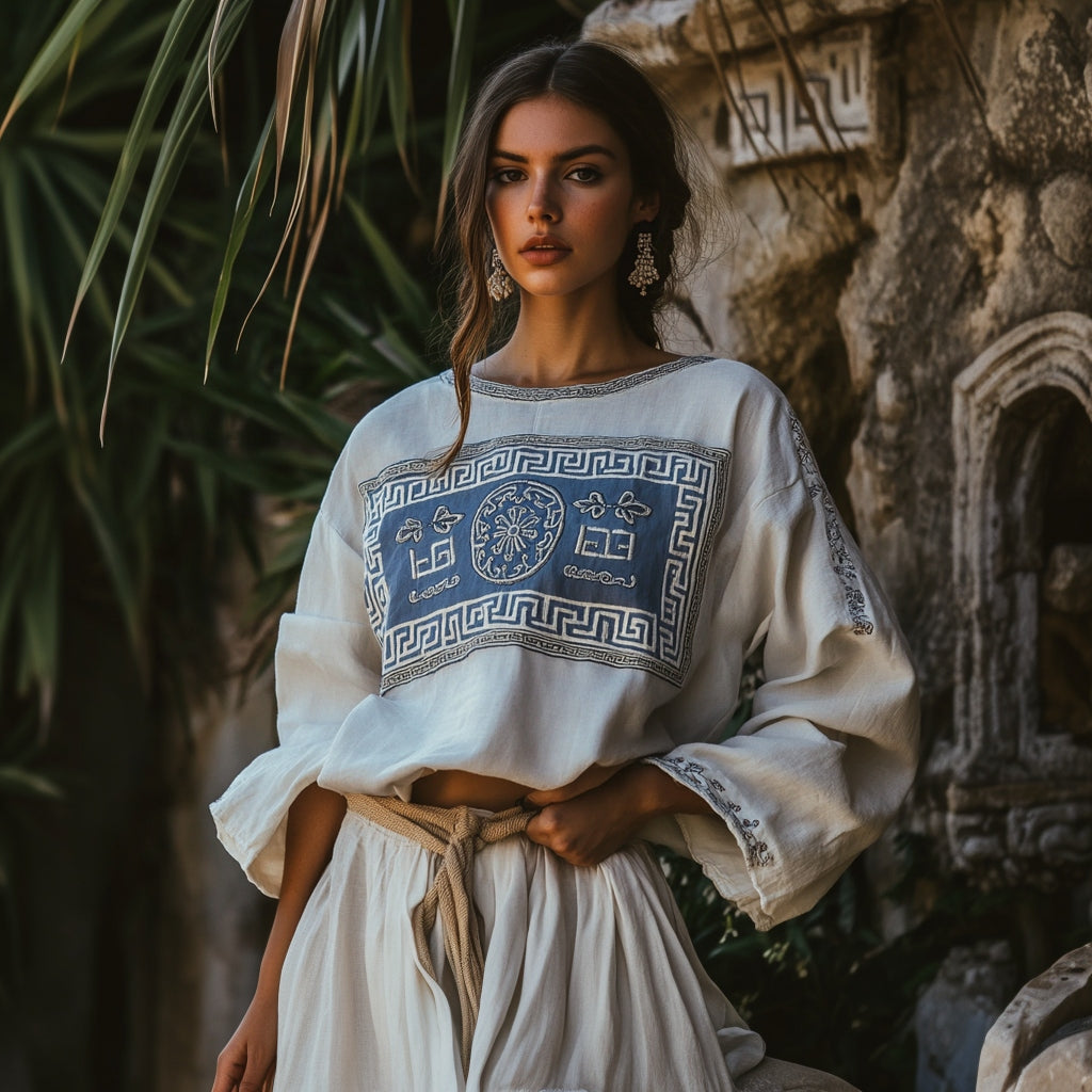 Vintage Greek Key Motif Cretan Embroidery Linen Blend T-shirt elevenforest