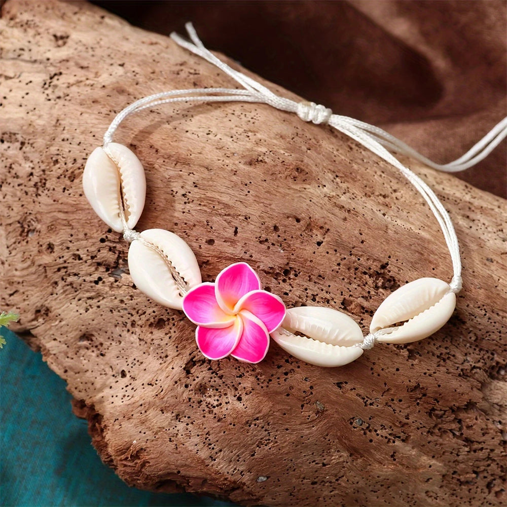 Bohemian Pink Floral & Shell Charms Adjustable Bracelet elevenforest