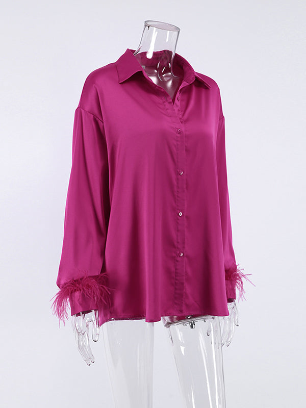 Loose Wrap Feathers Color Split-joint Lapel Collar Blouses&shirts Tops
