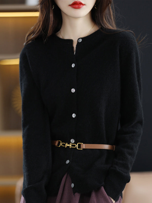 Long Sleeves Buttoned Elasticity Round-neck Cardigan Tops Knitwear