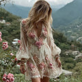 Women's Vintage Rose Embroidery Art V-neck Long Sleeve Mini Dress elevenforest